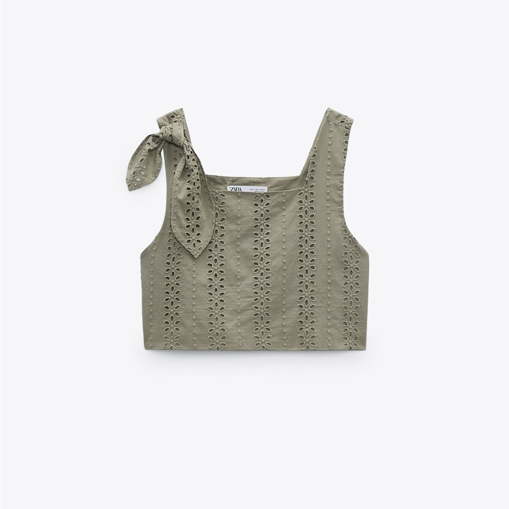 Zara BLOUSE WITH CUTWORK EMBROIDERY Cropped Green Eyelet New Tags XS - Picture 2 of 6